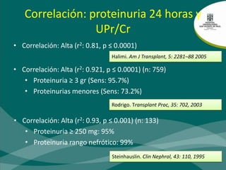 Correlación: proteinuria 24 horas y UPr/CrCorrelación: Alta (r2: 0.81, p ≤ 0.0001)Halimi. Am J Transplant, 5: 2281–88 2005Correlación: Alta (r2: 0.921, p ≤ 0.0001) (n: 759)