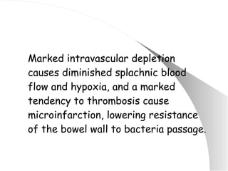 Marked intravascular depletion causes diminished splachnic blood flow and hypoxia, and a marked tendency to thrombosis cause microinfarction, lowering resistance of the bowel wall to bacteria passage. 