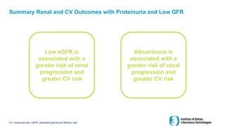Summary Renal and CV Outcomes with Proteinuria and Low GFR
CV, cardiovascular; eGFR, estimated glomerular filtration rate
Low eGFR is
associated with a
greater risk of renal
progression and
greater CV risk
Albuminuria is
associated with a
greater risk of renal
progression and
greater CV risk
 