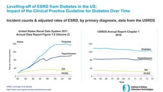 Levelling-off of ESRD from Diabetes in the US:
Impact of the Clinical Practice Guideline for Diabetes Over Time
Incident counts & adjusted rates of ESRD, by primary diagnosis, data from the USRDS
ESRD, end-stage renal disease
https://www.usrds.org/annual-data-report/previous-adrs/
United States Renal Data System 2011
Annual Data Report Figure 1.8 (Volume 2)
USRDS Annual Report Chapter 1
2016
Rates
160
120
80
40
0
80 84 88 92 96 00 04 08
Rate
per
million
population
Diabetes
Hypertension
GN
PCKD
160
120
80
40
0
04 05 07 08 09 10 12 13
06 11 14
Diabetes
Hypertension
GN
PCKD
Year
 