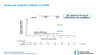 Acute and Long-term Effects on eGFR
eGFR, estimated glomerular filtration rate
Perkovic V, et al. N Engl J Med. 2019 Jun 13;380(24):2295-2306.
-20
-18
-16
-14
-12
-10
-8
-6
-4
-2
0
0 26 52 78 104 130 156 182
Months since randomization
No. of Participants
Placebo 2178 2084 1985 1882 1720 1536 1006 583 210
Canagliflozin 2179 2074 2005 1919 1782 1648 1116 652 241
56.4 56.0
Canagliflozin Placebo
Chronic eGFR slope
Difference: 2.74/year (95% CI, 2.37–3.11)
LS
mean
change
(±SE)
in
eGFR
(mL/min/1.73
m
2
)
Baseline
60% reduction in the rate of
eGFR decline with canagliflozin
On treatment
–1.85/year
6 12 18 24 30 36 42
–4.59/year
 