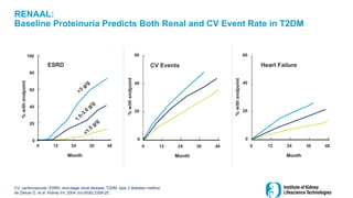 CV Events
0 12 24 36 48
Month
0
20
40
60
Month
Heart Failure
0 12 24 36 48
0
20
40
60
0 12 24 36 48
Month
0
20
40
60
80
100
%
with
endpoint
ESRD
%
with
endpoint
%
with
endpoint
RENAAL:
Baseline Proteinuria Predicts Both Renal and CV Event Rate in T2DM
CV, cardiovascular; ESRD, end-stage renal disease; T2DM, type 2 diabetes mellitus
de Zeeuw D, et al. Kidney Int. 2004 Jun;65(6):2309-20.
 