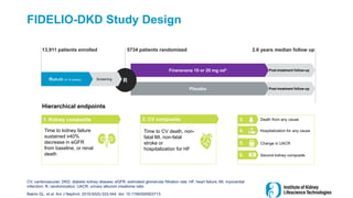 FIDELIO-DKD Study Design
CV, cardiovascular; DKD, diabetic kidney disease; eGFR, estimated glomerular filtration rate; HF, heart failure; MI, myocardial
infarction; R, randomization; UACR, urinary albumin creatinine ratio
Bakris GL, et al. Am J Nephrol. 2019;50(5):333-344. doi: 10.1159/000503713.
Post-treatment follow-up
Post-treatment follow-up
Finerenone 10 or 20 mg od*
Placebo
R
Screening
Run-in (4-16 weeks)
13,911 patients enrolled 5734 patients randomized 2.6 years median follow up
Hierarchical endpoints
2. CV composite
Time to CV death, non-
fatal MI, non-fatal
stroke or
hospitalization for HF
1. Kidney composite
Time to kidney failure
sustained ≥40%
decrease in eGFR
from baseline, or renal
death
Death from any cause
Second kidney composite
Hospitalization for any cause
Change in UACR
3.
4.
5.
6.
 