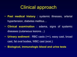 Clinical approach
• Past medical history : systemic illnesses, arterial
hypertension, diabetes mellitus…
• Clinical examination : edema, signs of systemic
diseases (cutaneous lesions…)
• Urinary sediment : RBC casts (++), waxy cast, broad
cast, fat oval bodies, WBC cast (eosi.)
• Biological, immunologic blood and urine tests
 