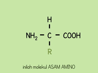 H
 NH2       C       COOH

           R
inilah molekul ASAM AMINO
 