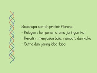 Beberapa contoh protein fibrosa :
- Kolagen : komponen utama jaringan ikat
- Keratin : menyusun bulu, rambut, dan kuku
- Sutra dan jaring laba-laba
 