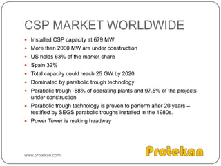 Evacuated tube collectorEach evacuated tube consists of glass tubes and absorber tubes and are aligned parallel to one anotherSunlight passes through the glass tube and heats the absorber tubeTop of the tubes are sealedAbsorber tube is sealed in vacuum – for insulationwww.protekan.com