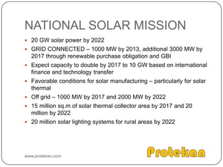 Parabolic troughConsists of a linear parabolic reflectorConcentrates solar energy onto a receiver positioned at the reflector’s focal pointTracking mechanism is usedWorking fluid is heated as it flows through the receiver and is used as a heat source at the power generating systemSource: www.energylan.scandia.govwww.protekan.com