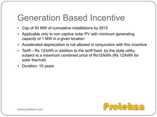 SOLAR CHIMNEYConsists of a large transparent room (greenhouse)Sloped to a hollow tower or chimneyThe sun heats the air in the greenhouse structure which rises up the chimney – drives the air turbinewww.protekan.com