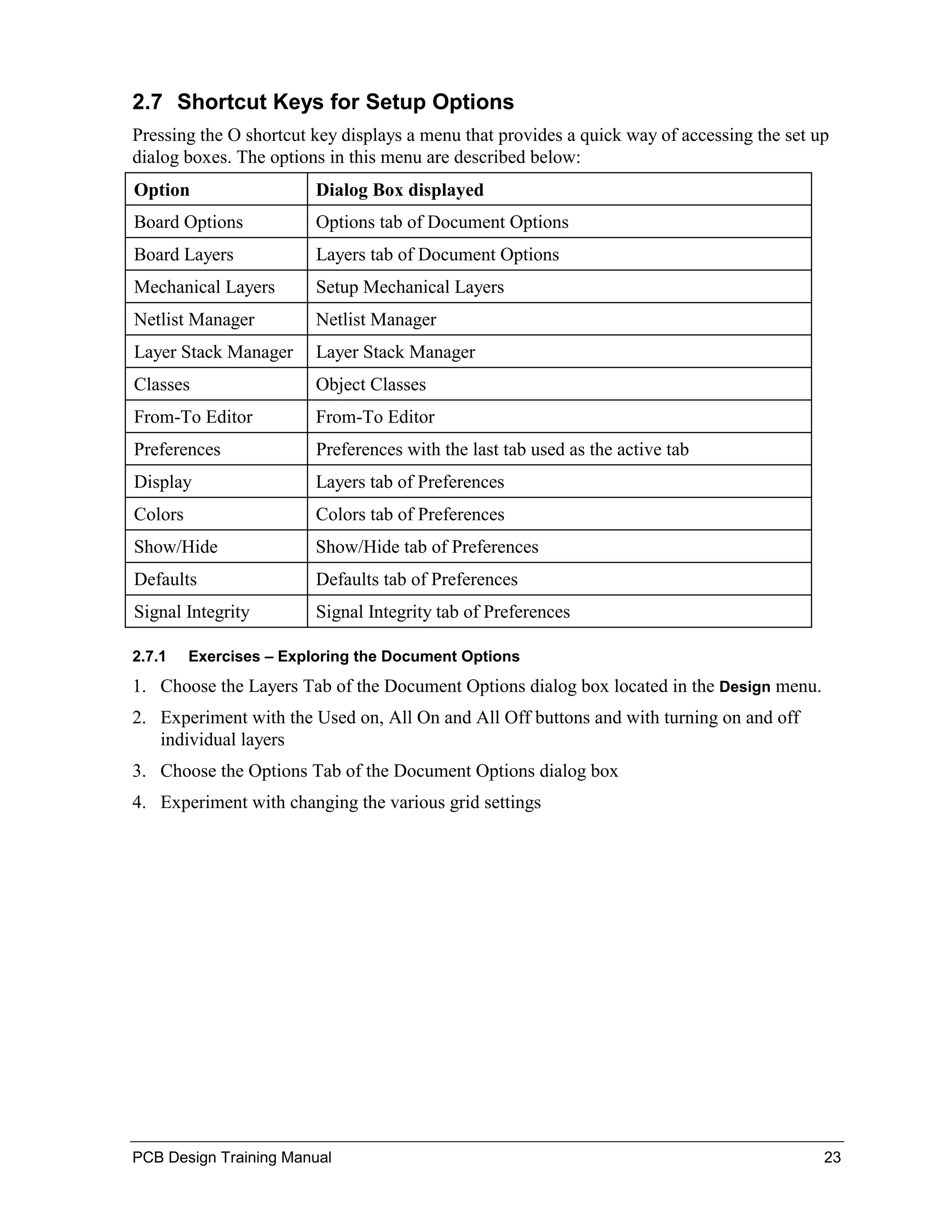 2.7 Shortcut Keys for Setup Options
Pressing the O shortcut key displays a menu that provides a quick way of accessing the set up
dialog boxes. The options in this menu are described below:
Option                   Dialog Box displayed
Board Options            Options tab of Document Options
Board Layers             Layers tab of Document Options
Mechanical Layers        Setup Mechanical Layers
Netlist Manager          Netlist Manager
Layer Stack Manager      Layer Stack Manager
Classes                  Object Classes
From-To Editor           From-To Editor
Preferences              Preferences with the last tab used as the active tab
Display                  Layers tab of Preferences
Colors                   Colors tab of Preferences
Show/Hide                Show/Hide tab of Preferences
Defaults                 Defaults tab of Preferences
Signal Integrity         Signal Integrity tab of Preferences

2.7.1    Exercises – Exploring the Document Options
1. Choose the Layers Tab of the Document Options dialog box located in the Design menu.
2. Experiment with the Used on, All On and All Off buttons and with turning on and off
   individual layers
3. Choose the Options Tab of the Document Options dialog box
4. Experiment with changing the various grid settings




PCB Design Training Manual                                                                  23
 