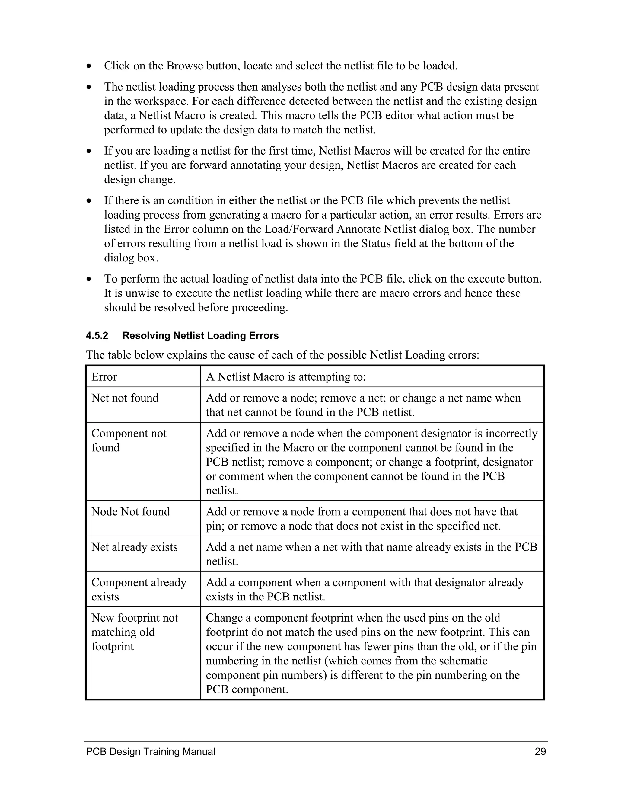 •   Click on the Browse button, locate and select the netlist file to be loaded.
•   The netlist loading process then analyses both the netlist and any PCB design data present
    in the workspace. For each difference detected between the netlist and the existing design
    data, a Netlist Macro is created. This macro tells the PCB editor what action must be
    performed to update the design data to match the netlist.
•   If you are loading a netlist for the first time, Netlist Macros will be created for the entire
    netlist. If you are forward annotating your design, Netlist Macros are created for each
    design change.
•   If there is an condition in either the netlist or the PCB file which prevents the netlist
    loading process from generating a macro for a particular action, an error results. Errors are
    listed in the Error column on the Load/Forward Annotate Netlist dialog box. The number
    of errors resulting from a netlist load is shown in the Status field at the bottom of the
    dialog box.
•   To perform the actual loading of netlist data into the PCB file, click on the execute button.
    It is unwise to execute the netlist loading while there are macro errors and hence these
    should be resolved before proceeding.

4.5.2    Resolving Netlist Loading Errors
The table below explains the cause of each of the possible Netlist Loading errors:
 Error                    A Netlist Macro is attempting to:
 Net not found            Add or remove a node; remove a net; or change a net name when
                          that net cannot be found in the PCB netlist.
 Component not            Add or remove a node when the component designator is incorrectly
 found                    specified in the Macro or the component cannot be found in the
                          PCB netlist; remove a component; or change a footprint, designator
                          or comment when the component cannot be found in the PCB
                          netlist.
 Node Not found           Add or remove a node from a component that does not have that
                          pin; or remove a node that does not exist in the specified net.
 Net already exists       Add a net name when a net with that name already exists in the PCB
                          netlist.
 Component already        Add a component when a component with that designator already
 exists                   exists in the PCB netlist.
 New footprint not        Change a component footprint when the used pins on the old
 matching old             footprint do not match the used pins on the new footprint. This can
 footprint                occur if the new component has fewer pins than the old, or if the pin
                          numbering in the netlist (which comes from the schematic
                          component pin numbers) is different to the pin numbering on the
                          PCB component.




PCB Design Training Manual                                                                           29
 