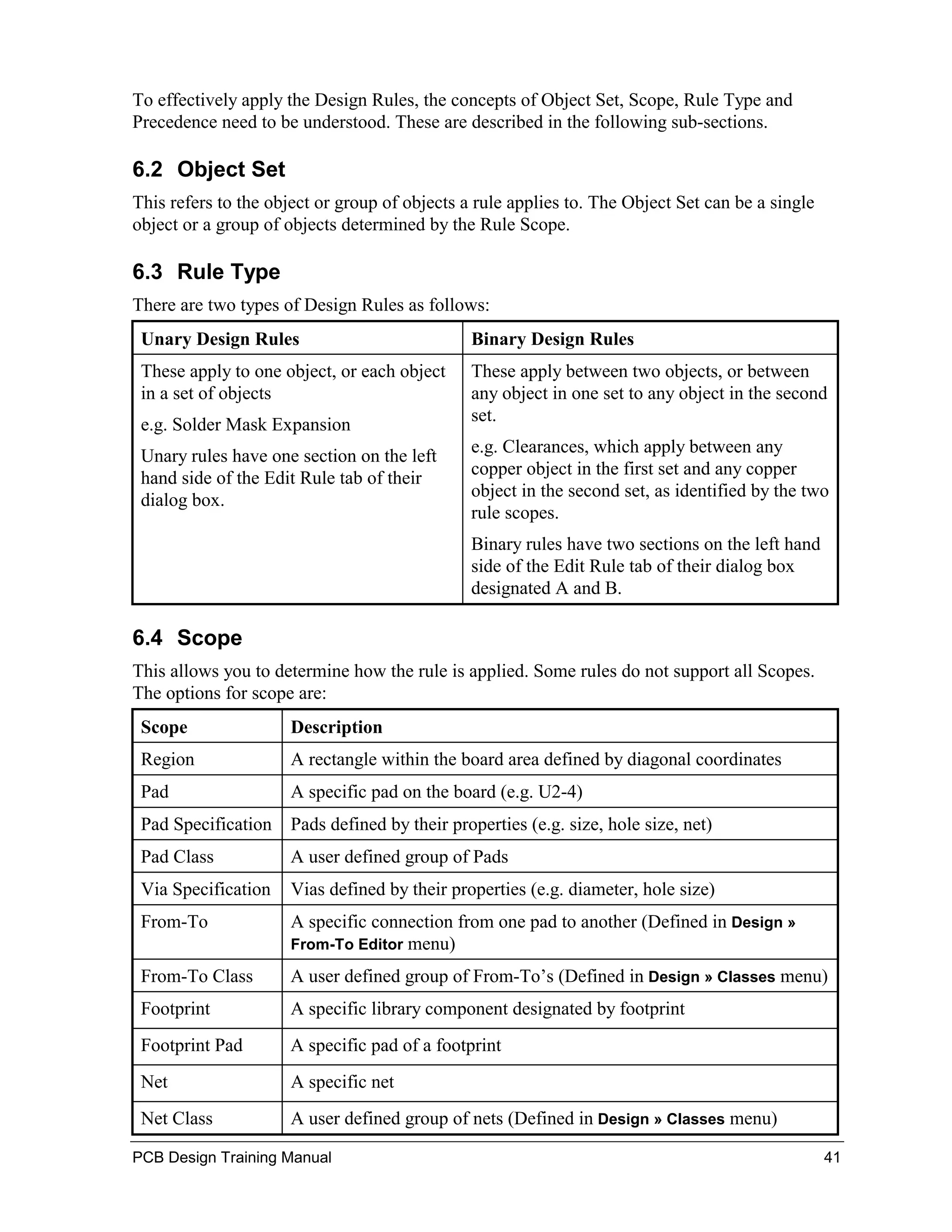 To effectively apply the Design Rules, the concepts of Object Set, Scope, Rule Type and
Precedence need to be understood. These are described in the following sub-sections.

6.2 Object Set
This refers to the object or group of objects a rule applies to. The Object Set can be a single
object or a group of objects determined by the Rule Scope.

6.3 Rule Type
There are two types of Design Rules as follows:
 Unary Design Rules                            Binary Design Rules
 These apply to one object, or each object     These apply between two objects, or between
 in a set of objects                           any object in one set to any object in the second
                                               set.
 e.g. Solder Mask Expansion
                                               e.g. Clearances, which apply between any
 Unary rules have one section on the left
 hand side of the Edit Rule tab of their       copper object in the first set and any copper
                                               object in the second set, as identified by the two
 dialog box.
                                               rule scopes.
                                               Binary rules have two sections on the left hand
                                               side of the Edit Rule tab of their dialog box
                                               designated A and B.

6.4 Scope
This allows you to determine how the rule is applied. Some rules do not support all Scopes.
The options for scope are:
 Scope                Description
 Region               A rectangle within the board area defined by diagonal coordinates
 Pad                  A specific pad on the board (e.g. U2-4)
 Pad Specification    Pads defined by their properties (e.g. size, hole size, net)
 Pad Class            A user defined group of Pads
 Via Specification    Vias defined by their properties (e.g. diameter, hole size)
 From-To              A specific connection from one pad to another (Defined in Design »
                      From-To Editor menu)

 From-To Class        A user defined group of From-To’s (Defined in Design » Classes menu)
 Footprint            A specific library component designated by footprint
 Footprint Pad        A specific pad of a footprint
 Net                  A specific net
 Net Class            A user defined group of nets (Defined in Design » Classes menu)

PCB Design Training Manual                                                                        41
 
