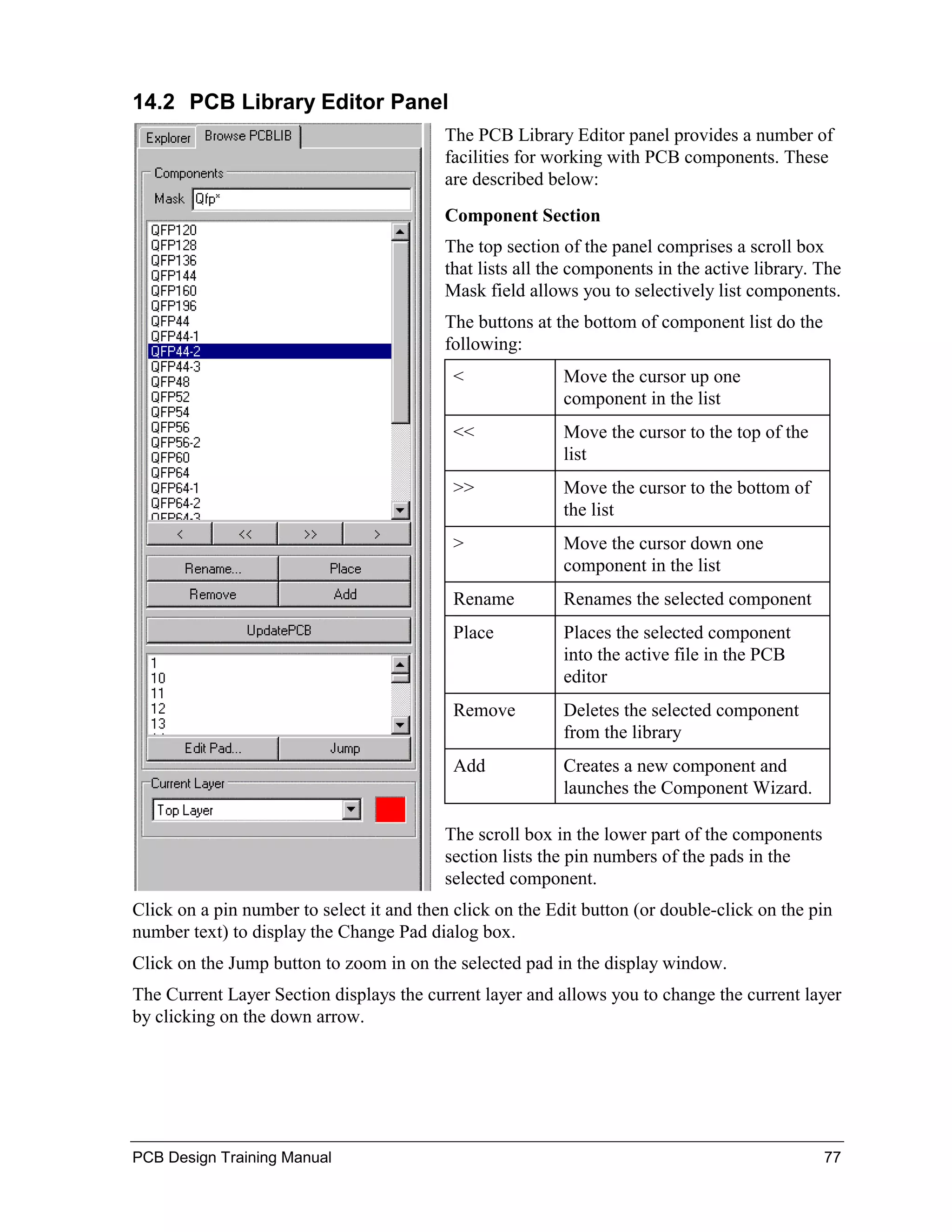 14.2 PCB Library Editor Panel
                                          The PCB Library Editor panel provides a number of
                                          facilities for working with PCB components. These
                                          are described below:
                                          Component Section
                                          The top section of the panel comprises a scroll box
                                          that lists all the components in the active library. The
                                          Mask field allows you to selectively list components.
                                          The buttons at the bottom of component list do the
                                          following:
                                            <              Move the cursor up one
                                                           component in the list
                                            <<             Move the cursor to the top of the
                                                           list
                                            >>             Move the cursor to the bottom of
                                                           the list
                                            >              Move the cursor down one
                                                           component in the list
                                            Rename         Renames the selected component
                                            Place          Places the selected component
                                                           into the active file in the PCB
                                                           editor
                                            Remove         Deletes the selected component
                                                           from the library
                                            Add            Creates a new component and
                                                           launches the Component Wizard.

                                          The scroll box in the lower part of the components
                                          section lists the pin numbers of the pads in the
                                          selected component.
Click on a pin number to select it and then click on the Edit button (or double-click on the pin
number text) to display the Change Pad dialog box.
Click on the Jump button to zoom in on the selected pad in the display window.
The Current Layer Section displays the current layer and allows you to change the current layer
by clicking on the down arrow.




PCB Design Training Manual                                                                     77
 