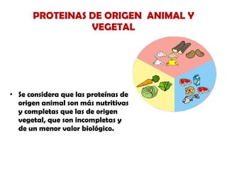 PROTEINAS DE ORIGEN  ANIMAL Y VEGETAL Se considera que las proteínas de origen animal son más nutritivas y completas que las de origen vegetal, que son incompletas y de un menor valor biológico.  