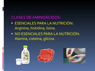 CLASES DE AMINOÁCIDOS: ESENCIALES PARA LA NUTRICIÓN:  Arginina, histidina, lisina. NO ESENCIALES PARA LA NUTRICIÓN: Alanina, cisteína, glícina. 