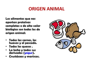 ORIGEN ANIMAL <ul><li>Los alimentos que nos </li></ul><ul><li>aportan  proteínas </li></ul><ul><li>completas  o de alto va...