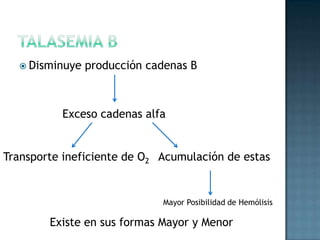 Talasemia bDisminuye producción cadenas BExceso cadenas alfaTransporte ineficiente de O2Acumulación de estasMayor Posibilidad de HemólisisExiste en sus formas Mayor y Menor
