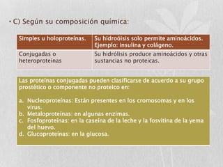 • C) Según su composición química:

  Simples u holoproteínas.    Su hidroóisis solo permite aminoácidos.
                              Ejemplo: insulina y colágeno.
  Conjugadas o                Su hidrólisis produce aminoácidos y otras
  heteroproteínas             sustancias no proteicas.


  Las proteínas conjugadas pueden clasificarse de acuerdo a su grupo
  prostético o componente no proteico en:

  a. Nucleoproteínas: Están presentes en los cromosomas y en los
     virus.
  b. Metaloproteínas: en algunas enzimas.
  c. Fosfoproteínas: en la caseína de la leche y la fosvitina de la yema
     del huevo.
  d. Glucoproteínas: en la glucosa.
 