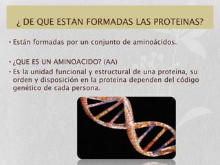 ¿ DE QUE ESTAN FORMADAS LAS PROTEINAS?

• Están formadas por un conjunto de aminoácidos.

• ¿QUE ES UN AMINOACIDO? (AA)
• Es la unidad funcional y estructural de una proteína, su
  orden y disposición en la proteína dependen del código
  genético de cada persona.
 