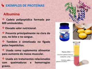  EXEMPLOS DE PROTEÍNAS

 Albumina
 Cadeia polipeptídica formada por
609 aminoácidos.
 Elevado valor nutricional.
 Presente principalmente na clara do
ovo, no leite e no sangue.
 Também é sintetizada no fígado
pelos hepatócitos.
 Usada como suplemento alimentar
para aumento da massa muscular.
 Usada em tratamentos relacionados
com queimaduras e hemorragias
graves.
 