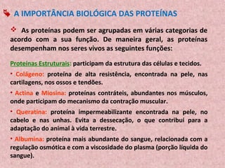 A IMPORTÂNCIA BIOLÓGICA DAS PROTEÍNAS
  As proteínas podem ser agrupadas em várias categorias de
 acordo com a sua função. De maneira geral, as proteínas
 desempenham nos seres vivos as seguintes funções:

 Proteínas Estruturais: participam da estrutura das células e tecidos.
 • Colágeno: proteína de alta resistência, encontrada na pele, nas
 cartilagens, nos ossos e tendões.
 • Actina e Miosina: proteínas contráteis, abundantes nos músculos,
 onde participam do mecanismo da contração muscular.
 • Queratina: proteína impermeabilizante encontrada na pele, no
 cabelo e nas unhas. Evita a dessecação, o que contribui para a
 adaptação do animal à vida terrestre.
 • Albumina: proteína mais abundante do sangue, relacionada com a
 regulação osmótica e com a viscosidade do plasma (porção líquida do
 sangue).
 