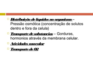  Distribuição delíquidos no organismo –
Pressão osmótica (concentração de solutos
dentro e fora da celula)
 Transportedesubstancias – Gorduras,
hormonios através da membrana celular.
 Atividades muscular
 TransportedeO2
 
