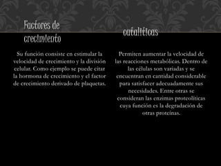 Su función consiste en estimular la
velocidad de crecimiento y la división
celular. Como ejemplo se puede citar
la hormona de crecimiento y el factor
de crecimiento derivado de plaquetas.
Permiten aumentar la velocidad de
las reacciones metabólicas. Dentro de
las células son variadas y se
encuentran en cantidad considerable
para satisfacer adecuadamente sus
necesidades. Entre otras se
consideran las enzimas proteolíticas
cuya función es la degradación de
otras proteínas.
Factores de
crecimiento
cataliticas
 