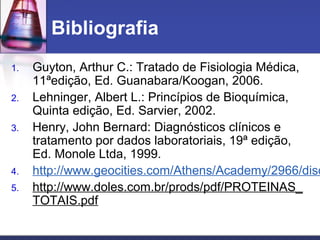Bibliografia
1. Guyton, Arthur C.: Tratado de Fisiologia Médica,
11ªedição, Ed. Guanabara/Koogan, 2006.
2. Lehninger, Albert L.: Princípios de Bioquímica,
Quinta edição, Ed. Sarvier, 2002.
3. Henry, John Bernard: Diagnósticos clínicos e
tratamento por dados laboratoriais, 19ª edição,
Ed. Monole Ltda, 1999.
4. http://www.geocities.com/Athens/Academy/2966/disc
5. http://www.doles.com.br/prods/pdf/PROTEINAS_
TOTAIS.pdf
 