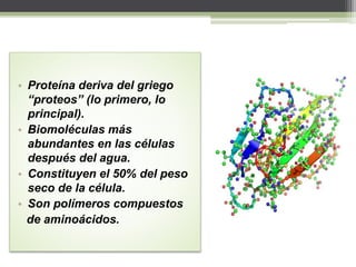 Composicióndelas
proteínas
• Todas las proteínas contienen C, H, O y N.
• Casi todas contienen además azufre.
• Hay otros ...