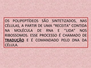 OS POLIPEPTÍDEOS SÃO SINTETIZADOS, NAS
CÉLULAS, A PARTIR DE UMA “RECEITA” CONTIDA
NA MOLÉCULA DE RNA E ‘’LIDA” NOS
RIBOSSOMOS. ESSE PROCESSO É CHAMADO DE
TRADUÇÃO E É COMANDADO PELO DNA DA
CÉLULA.
 