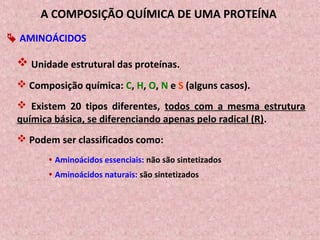  Unidade estrutural das proteínas.
 Composição química: C, H, O, N e S (alguns casos).
 Existem 20 tipos diferentes, todos com a mesma estrutura
química básica, se diferenciando apenas pelo radical (R).
 Podem ser classificados como:
 Aminoácidos essenciais: não são sintetizados
 Aminoácidos naturais: são sintetizados
 AMINOÁCIDOS
A COMPOSIÇÃO QUÍMICA DE UMA PROTEÍNA
 