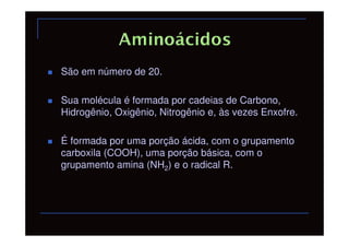 São em número de 20.

Sua molécula é formada por cadeias de Carbono,
Hidrogênio, Oxigênio, Nitrogênio e, às vezes Enxofre.

É formada por uma porção ácida, com o grupamento
carboxila (COOH), uma porção básica, com o
grupamento amina (NH2) e o radical R.
 