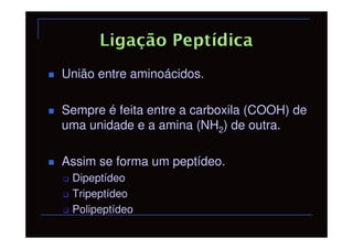 União entre aminoácidos.

Sempre é feita entre a carboxila (COOH) de
uma unidade e a amina (NH2) de outra.

Assim se forma um peptídeo.
 Dipeptídeo
 Tripeptídeo
 Polipeptídeo
 