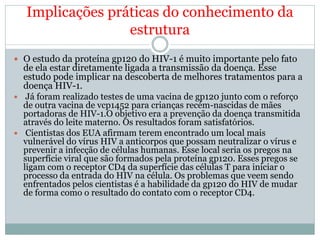 Implicações práticas do conhecimento da
                   estrutura
 O estudo da proteína gp120 do HIV-1 é muito importante pelo fato
    de ela estar diretamente ligada a transmissão da doença. Esse
    estudo pode implicar na descoberta de melhores tratamentos para a
    doença HIV-1.
    Já foram realizado testes de uma vacina de gp120 junto com o reforço
    de outra vacina de vcp1452 para crianças recém-nascidas de mães
    portadoras de HIV-1.O objetivo era a prevenção da doença transmitida
    através do leite materno. Os resultados foram satisfatórios.
    Cientistas dos EUA afirmam terem encontrado um local mais
    vulnerável do vírus HIV a anticorpos que possam neutralizar o vírus e
    prevenir a infecção de células humanas. Esse local seria os pregos na
    superfície viral que são formados pela proteína gp120. Esses pregos se
    ligam com o receptor CD4 da superfície das células T para iniciar o
    processo da entrada do HIV na célula. Os problemas que veem sendo
    enfrentados pelos cientistas é a habilidade da gp120 do HIV de mudar
    de forma como o resultado do contato com o receptor CD4.
 