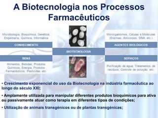 A Biotecnologia nos Processos
Farmacêuticos
• Crescimento exponencial do uso da Biotecnologia na indústria farmacêutica ao
longo do século XXI;
• Amplamente utilizada para manipular diferentes produtos bioquímicos para ativa
ou passivamente atuar como terapia em diferentes tipos de condições;
• Utilização de animais transgénicos ou de plantas transgénicas;
 