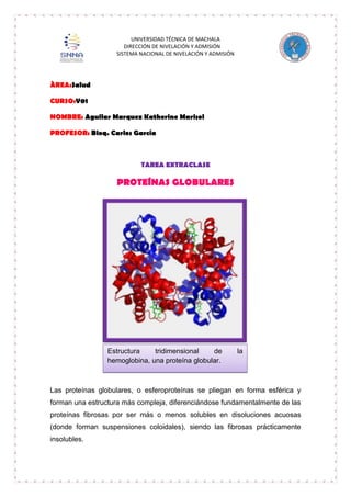 UNIVERSIDAD TÉCNICA DE MACHALA
DIRECCIÓN DE NIVELACIÓN Y ADMISIÓN
SISTEMA NACIONAL DE NIVELACIÓN Y ADMISIÓN

ÀREA:Salud
CURSO:V01
NOMBRE: Aguilar Marquez Katherine Marisol
PROFESOR: Bioq. Carlos García

TAREA EXTRACLASE

PROTEÍNAS GLOBULARES

Estructura
tridimensional
de
hemoglobina, una proteína globular.

la

Las proteínas globulares, o esferoproteínas se pliegan en forma esférica y
forman una estructura más compleja, diferenciándose fundamentalmente de las
proteínas fibrosas por ser más o menos solubles en disoluciones acuosas
(donde forman suspensiones coloidales), siendo las fibrosas prácticamente
insolubles.

 