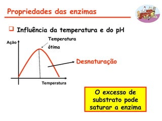 Propriedades das enzimas
 Influência da temperatura e do pH
Ação
Temperatura
Temperatura
ótima
Desnaturação
O excesso de
substrato pode
saturar a enzima
 