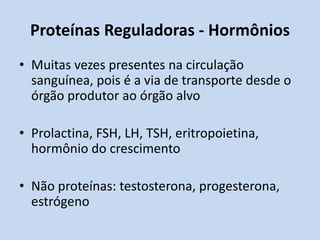 Proteínas Reguladoras - Hormônios
• Muitas vezes presentes na circulação
sanguínea, pois é a via de transporte desde o
órgão produtor ao órgão alvo
• Prolactina, FSH, LH, TSH, eritropoietina,
hormônio do crescimento
• Não proteínas: testosterona, progesterona,
estrógeno
 