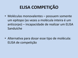 ELISA COMPETIÇÃO
• Moléculas monovalentes – possuem somente
um epitopo (as vezes a molécula inteira é um
anticorpo) – incapacidade de realizar um ELISA
Sanduíche
• Alternativa para dosar esse tipo de molécula:
ELISA de competição
 