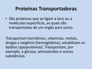 Proteínas Transportadoras
• São proteínas que se ligam a íons ou a
moléculas específicas, as quais são
transportadas de um órgão para outro.
Transportam hormônios, vitaminas, metais,
drogas e oxigênio (hemoglobina); solubilizam os
lipídios (apoproteínas). Transportam, por
exemplo, a glicose, aminoácidos e outras
substâncias.
 