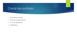 Canal de potássio


Cavidade central:



28 Å de comprimento;



10 Å de diâmetro;



Hidratada;

 