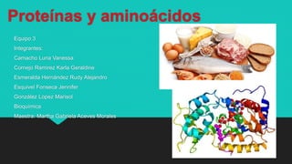 Proteínas y aminoácidos
Equipo 3
Integrantes:
Camacho Luna Vanessa
Cornejo Ramirez Karla Geraldine
Esmeralda Hernández Rud...