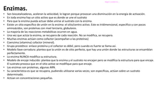 Enzimas.
• Son biocatalizadoras, aceleran la velocidad, lo logran porque provocan una disminución en la energía de activación.
• En toda enzima hay un sitio activo que es donde se une el sustrato
• Para que la enzima pueda actuar debe unirse al sustrato con la enzima.
• Existe un sitio especifico de unión en la enzima: el sitio/centro activo. Este es tridimensional, especifico y con pocos
aminoácidos, son proteínas con nivel terciario, globulares.
• La mayoría de las reacciones metabólicas ocurren en agua.
• Una vez que actúa la enzima, se recupera de cada reacción. No se modifica, se recupera.
• Muchas enzimas actúan como cofactor (acompañan a las proteínas)
• Coenzima (vitamina) cofactor (mineral).
• Grupo prostético: enlace proteína y el cofactor es débil, pero cuando es fuerte se llama así.
• Modelo llave-cerradura: plantea que la unión es de sitio perfecto, que hay una unión donde las estructuras se ensamblan
perfectamente.
• La enzima NUNCA modifica su estructura.
• Modelo de encaje inducido: plantea que la enzima y el sustrato no encajan pero se modifica la estructura para que encaje.
El sustrato provoca que en el sitio activo se modifique para que encaje.
• Las enzimas son proteínas, algunas ARN.
• Su característica es que se recupera, pudiendo utilizarse varias veces; son específicas, actúan sobre un sustrato
determinado.
• Actúan en concentraciones pequeñas.
Según cuaderno….
 