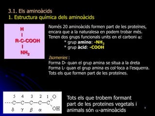 5
3.1. Els aminoàcids
1. Estructura química dels aminoàcids
Només 20 aminoàcids formen part de les proteïnes,
encara que a la naturalesa en podem trobar més.
Tenen dos grups funcionals units en el carboni a:
* grup amino: -NH2
* grup àcid: -COOH
Isomeries :
Forma D- quan el grup amina se situa a la dreta
Forma L- quan el grup amina es col·loca a l’esquerra.
Tots els que formen part de les proteïnes.
Tots els que trobem formant
part de les proteïnes vegetals i
animals són a-aminoàcids
 