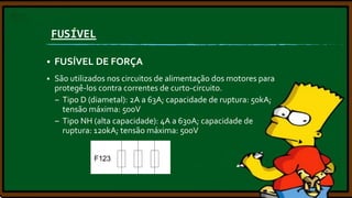 FUSÍVEL


FUSÍVEL DE FORÇA



São utilizados nos circuitos de alimentação dos motores para
protegê-los contra correntes de curto-circuito.
– Tipo D (diametal): 2A a 63A; capacidade de ruptura: 50kA;
tensão máxima: 500V
– Tipo NH (alta capacidade): 4A a 630A; capacidade de
ruptura: 120kA; tensão máxima: 500V

 