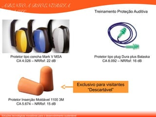 Soluções tecnológicas inovadoras para o desenvolvimento sustentável
ABENGOA BIOENERGIA
BRASIL Treinamento Proteção Auditiva
Protetor tipo concha Mark V MSA
CA 4.026 – NRRsf: 22 dB
Protetor Inserção Moldável 1100 3M
CA 5.674 – NRRsf: 15 dB
Protetor tipo plug Dura plus Balaska
CA 8.092 – NRRsf: 16 dB
Exclusivo para visitantes
“Descartável”
 