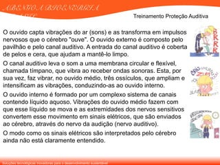 Soluções tecnológicas inovadoras para o desenvolvimento sustentável
ABENGOA BIOENERGIA
BRASIL Treinamento Proteção Auditiva
O ouvido capta vibrações do ar (sons) e as transforma em impulsos
nervosos que o cérebro "ouve". O ouvido externo é composto pelo
pavilhão e pelo canal auditivo. A entrada do canal auditivo é coberta
de pelos e cera, que ajudam a mantê-lo limpo.
O canal auditivo leva o som a uma membrana circular e flexível,
chamada tímpano, que vibra ao receber ondas sonoras. Esta, por
sua vez, faz vibrar, no ouvido médio, três ossículos, que ampliam e
intensificam as vibrações, conduzindo-as ao ouvido interno.
O ouvido interno é formado por um complexo sistema de canais
contendo líquido aquoso. Vibrações do ouvido médio fazem com
que esse líquido se mova e as extremidades dos nervos sensitivos
convertem esse movimento em sinais elétricos, que são enviados
ao cérebro, através do nervo da audição (nervo auditivo).
O modo como os sinais elétricos são interpretados pelo cérebro
ainda não está claramente entendido.
 