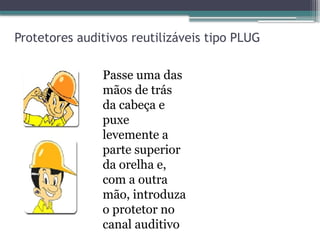 Protetores auditivos reutilizáveis tipo PLUG
Passe uma das
mãos de trás
da cabeça e
puxe
levemente a
parte superior
da orelha e,
com a outra
mão, introduza
o protetor no
canal auditivo
 