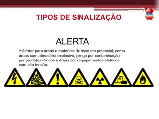 ALERTA
Alertar para áreas e materiais de risco em potencial, como
áreas com atmosfera explosiva, perigo por contaminação
por produtos tóxicos e áreas com equipamentos elétricos
com alta tensão.
TIPOS DE SINALIZAÇÃO
 