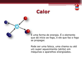 É uma forma de energia. É o elemento
que dá início ao fogo, é ele que faz o fogo
se propagar.
Pode ser uma faísca, uma chama ou até
um super aquecimento (atrito) em
máquinas e aparelhos energizados.
 